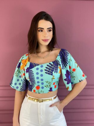 Cropped Feminino com Bojo e Amarração Estampado Azul Fernanda Ramos Store