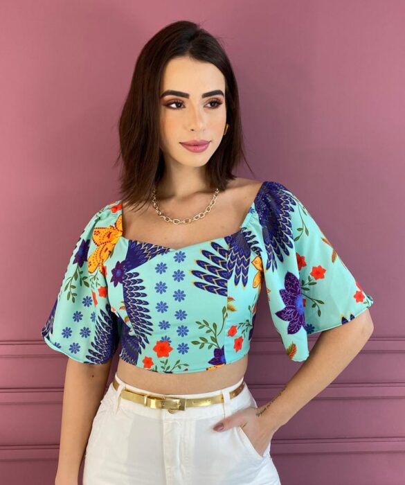 Cropped Feminino com Bojo e Amarração Estampado Azul Fernanda Ramos Store