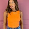 Cropped Feminino com Bojo e Amarração Laranja Canelado Fernanda Ramos Store