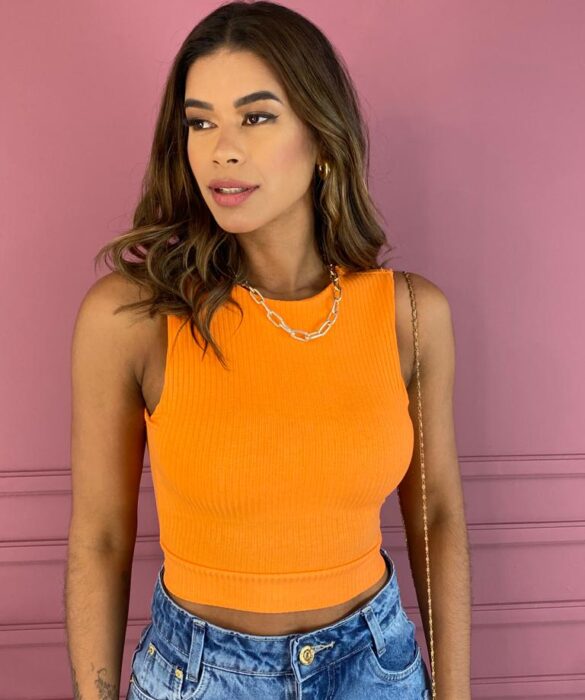 Cropped Feminino com Bojo e Amarração Laranja Canelado Fernanda Ramos Store