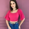 Cropped Feminino com Bojo Manga Plissada Pink Fernanda Ramos Store