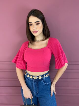 Cropped Feminino com Bojo Manga Plissada Pink Fernanda Ramos Store