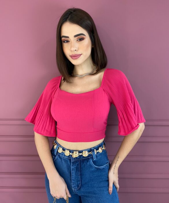 Cropped Feminino com Bojo Manga Plissada Pink Fernanda Ramos Store