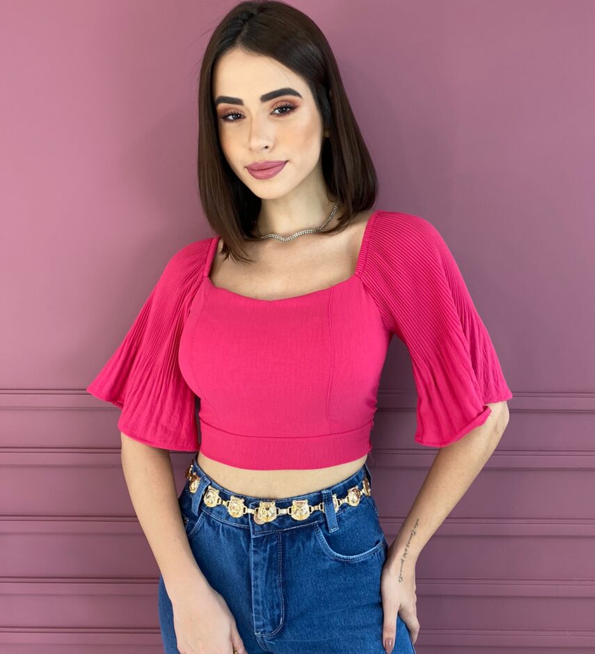 Cropped Feminino com Bojo Manga Plissada Pink Fernanda Ramos Store