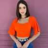 Cropped Feminino com Bojo Manga Plissada Coral Fernanda Ramos Store