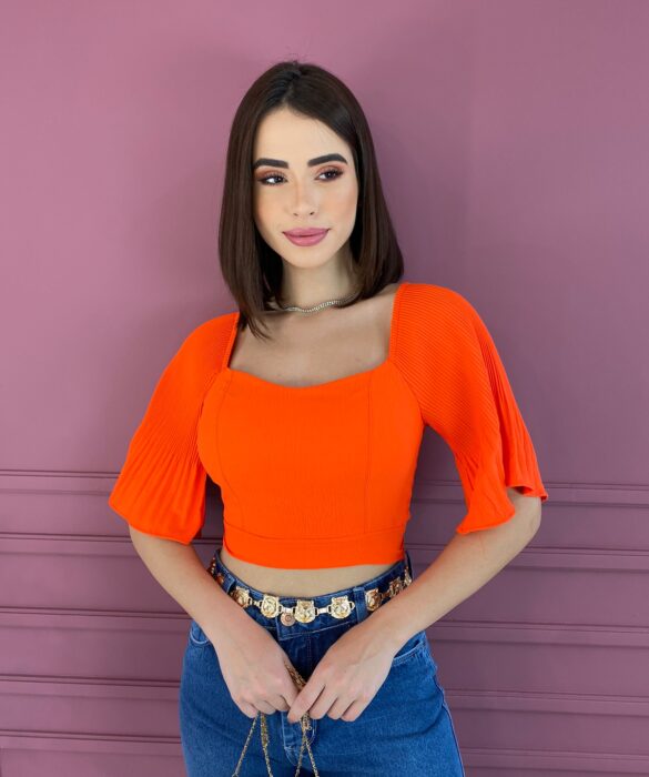 Cropped Feminino com Bojo Manga Plissada Coral Fernanda Ramos Store