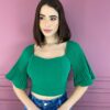 Cropped Feminino com Bojo Manga Plissada Verde Bandeira Fernanda Ramos Store