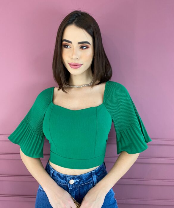 Cropped Feminino com Bojo Manga Plissada Verde Bandeira Fernanda Ramos Store