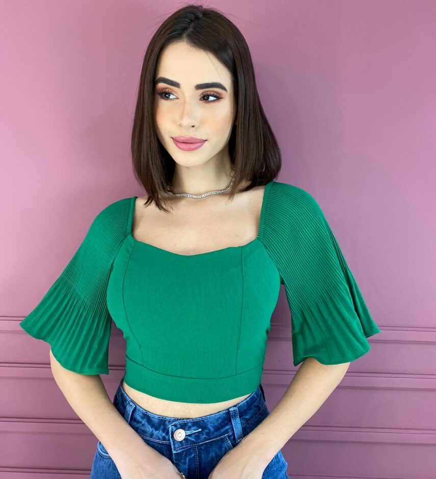 Cropped Feminino com Bojo Manga Plissada Verde Bandeira Fernanda Ramos Store