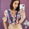 Cropped Feminino com Lastex sem Bojo Estampa Floral Bege Fernanda Ramos Store