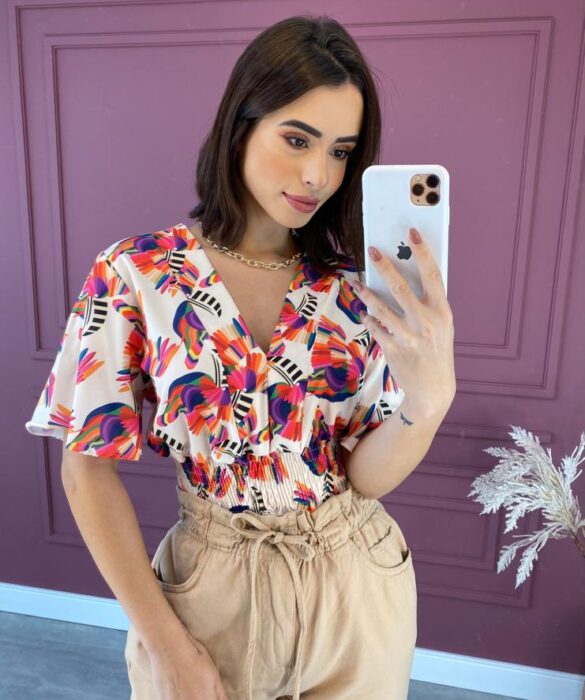 Cropped Feminino com Lastex sem Bojo Estampa Pássaros Fernanda Ramos Store