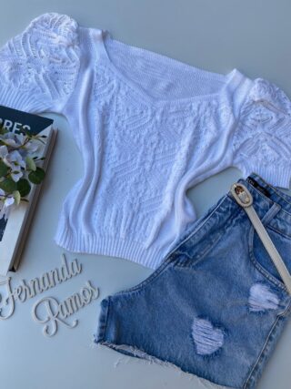 Cropped Feminino Manga Princesa Tricot Branco - Fernanda Ramos Store