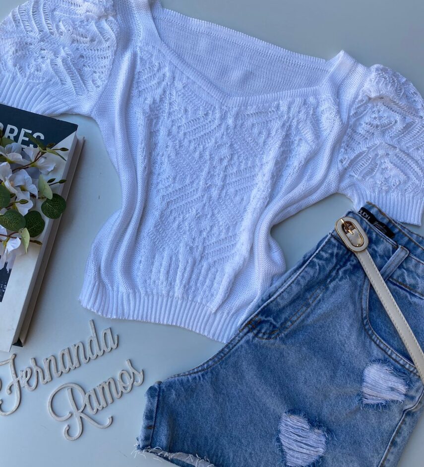 Cropped Feminino Manga Princesa Tricot Branco - Fernanda Ramos Store