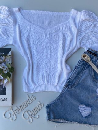 Cropped Feminino Manga Princesa Tricot Branco Fernanda Ramos Store