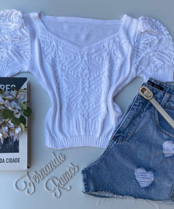 Cropped Feminino Manga Princesa Tricot Branco Fernanda Ramos Store