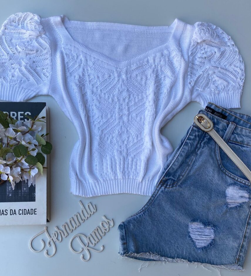 Cropped Feminino Manga Princesa Tricot Branco - Fernanda Ramos Store