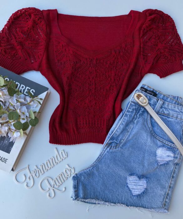 Cropped Feminino Manga Princesa Tricot Vermelho Fernanda Ramos Store