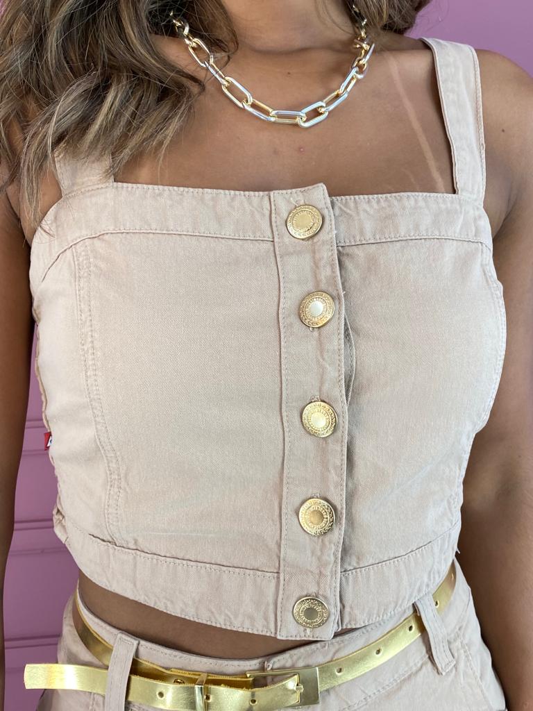 Cropped Feminino com Botões Sarja Bege