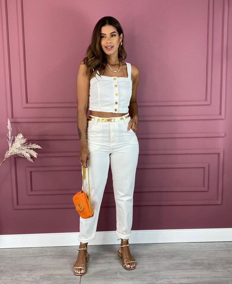 Cropped Feminino sem Bojo com Botões Sarja Branco 022537 Fernanda Ramos Store