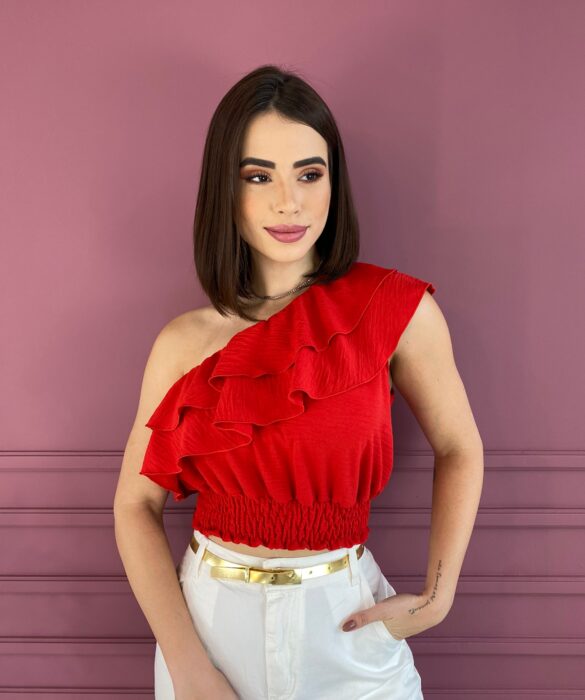 Cropped Feminino sem Bojo Nula Manga com Babado Vermelho Fernanda Ramos Store