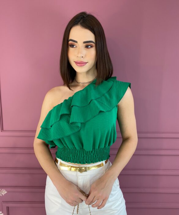 Cropped Feminino sem Bojo Nula Manga com Babado Verde Fernanda Ramos Store