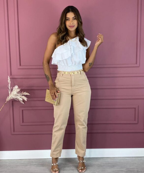 Cropped Feminino sem Bojo Nula Manga com Babado Branco Fernanda Ramos Store