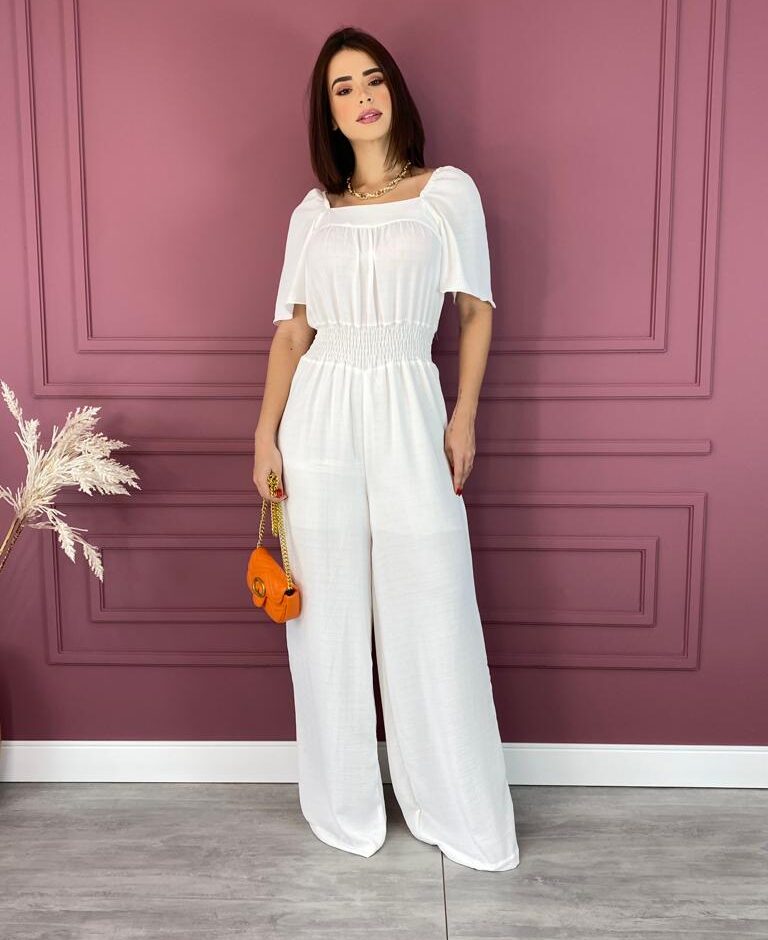 Macacão Feminino sem Bojo com Lastex Manga Curta Branco Fernanda Ramos Store
