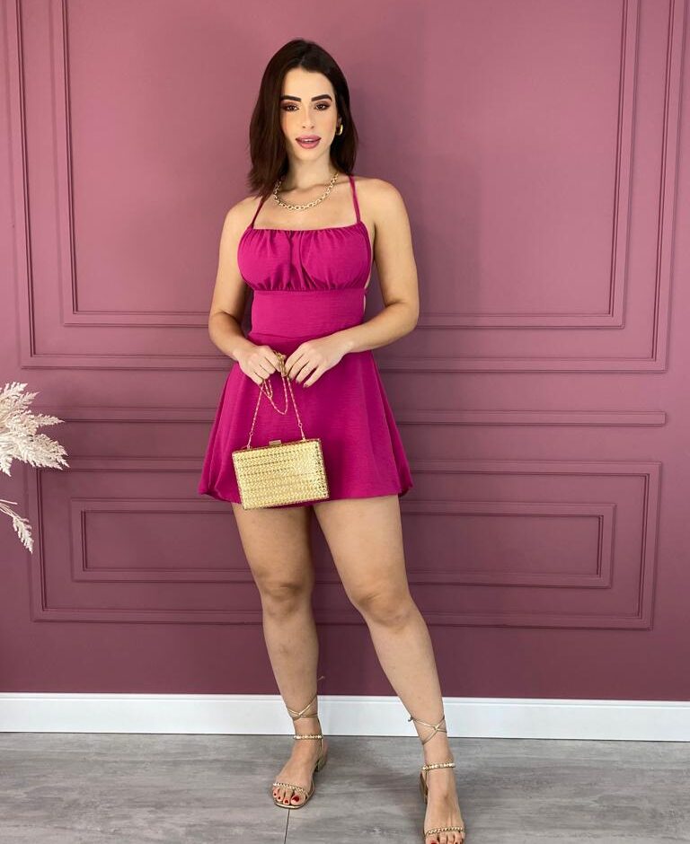 Macaquinho Feminino com Bojo e Detalhe Amarração Fúcsia Fernanda Ramos Store