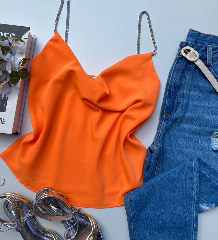 Regata Feminina Alça em Strass Laranja - Fernanda Ramos Store