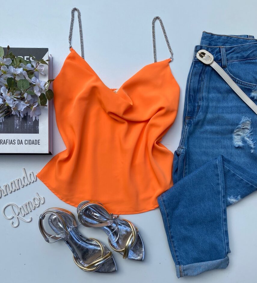 Regata Feminina Alça em Strass Laranja - Fernanda Ramos Store