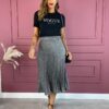 Saia Midi Plissada Lurex Prata Fernanda Ramos Store