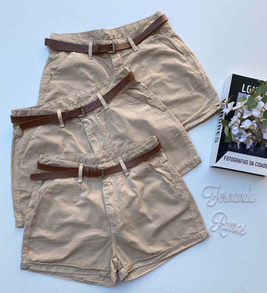 Short Feminino com Cinto Sarja 094379 Bege Fernanda Ramos Store