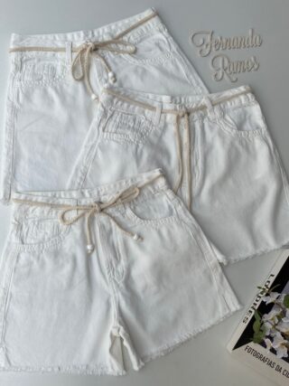 Short Feminino Meia Coxa com Cinto Sarja Branco Fernanda Ramos Store