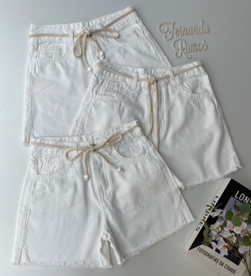 Short Feminino Meia Coxa com Cinto Sarja Branco - Fernanda Ramos Store