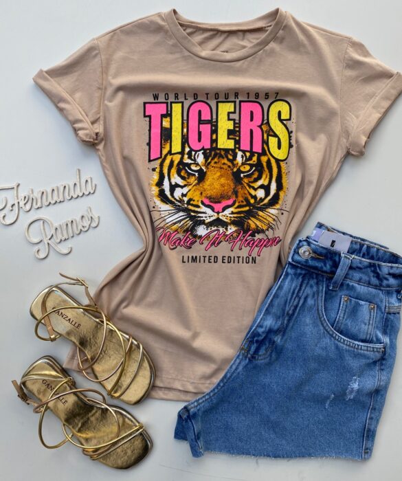 T-shirt Manga Curta Tigers Bege Fernanda Ramos Store