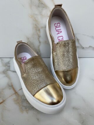 Tênis Slip On Feminino Dourado Detalhe Metalizado Fernanda Ramos Store