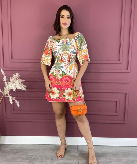 Vestido Curto com Bojo com Amarração Atrás Estampado Branco Fernanda Ramos Store