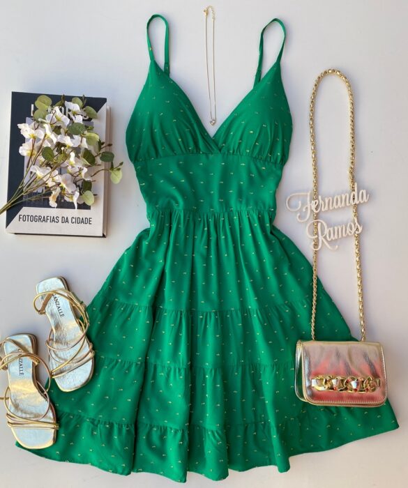 Vestido Curto com Bojo Detalhes Dourado Verde Fernanda Ramos Store