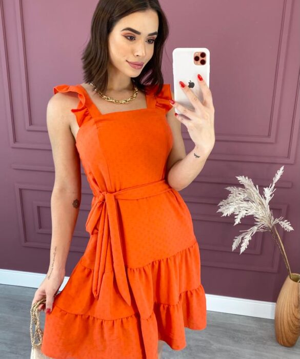 fernandaramosstore com br vestido curto com bojo e amarracao alca com babados laranja