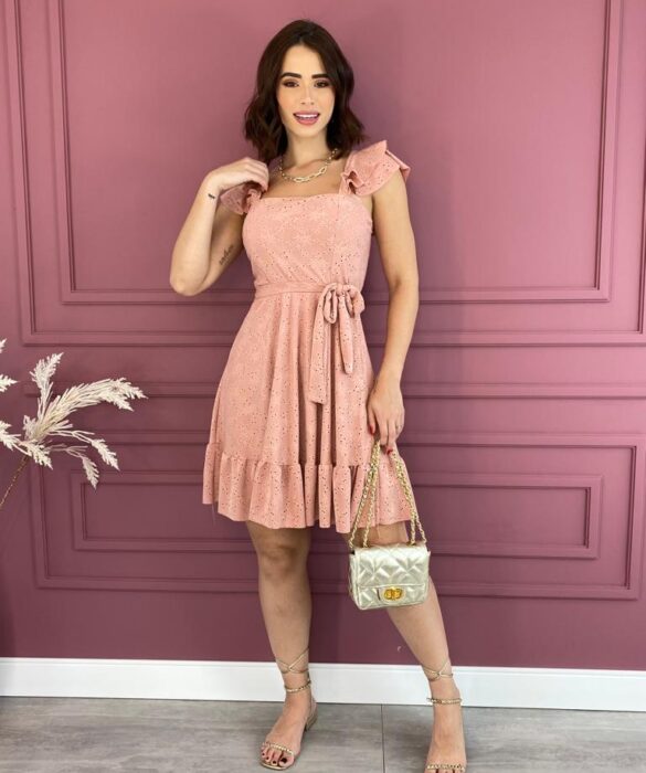 Vestido Curto com Bojo Malha Laise com Amarração Rose Fernanda Ramos Store