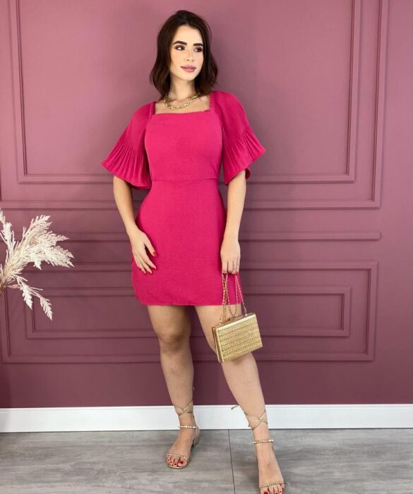 Vestido Curto com Bojo Manga Plissada Pink Fernanda Ramos Store