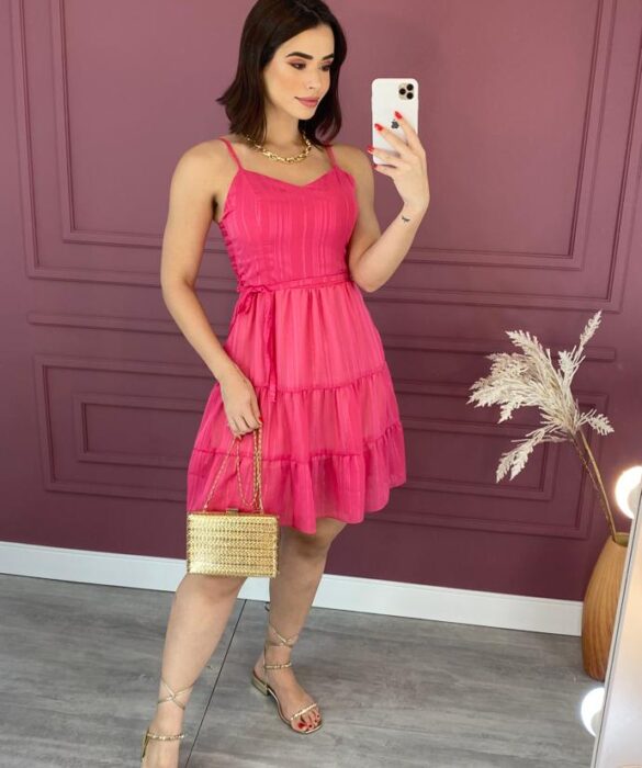 Vestido Curto sem Bojo Alça Regulável com Amarração Pink Fernanda Ramos Store