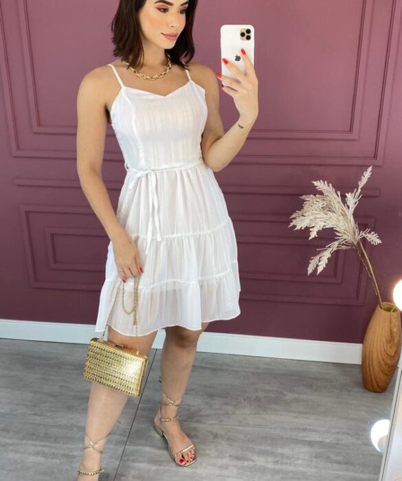 Vestido Curto sem Bojo Alça Regulável com Amarração Branco Fernanda Ramos Store