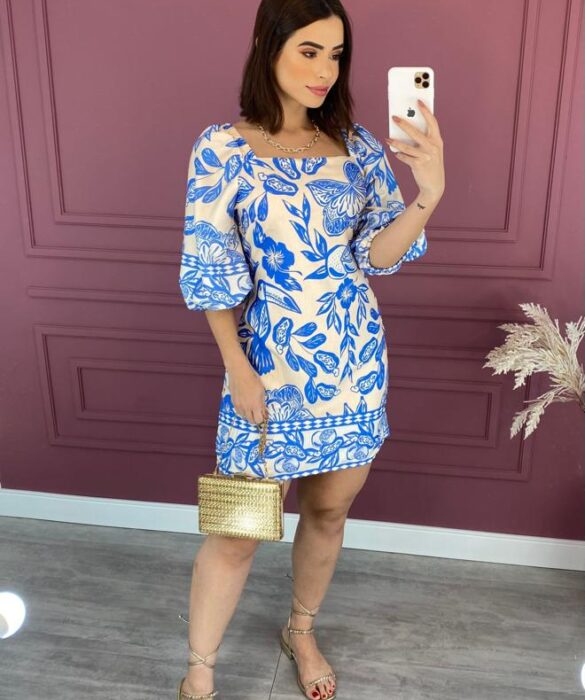 Vestido Curto sem Bojo Amarração Atrás Estampado Azul Fernanda Ramos Store