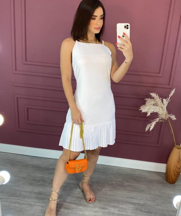 Vestido Curto sem Bojo Barra Plissada Branco Fernanda Ramos Store