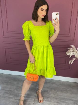 Vestido Curto sem Bojo de Laise Manga com Lastex Verde Lima - Fernanda Ramos Store