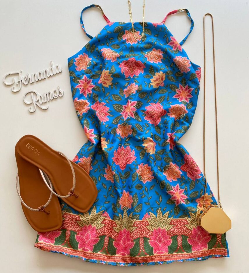 Vestido Curto sem Bojo Detalhe Atrás com Estampa Azul - Fernanda Ramos Store