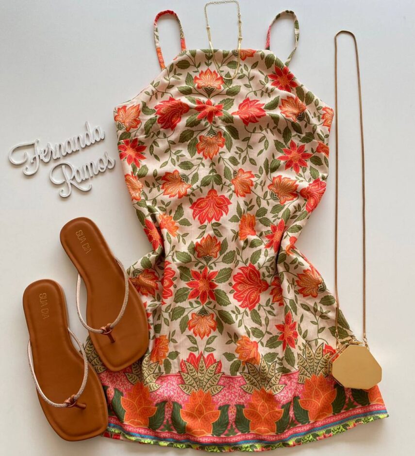 Vestido Curto sem Bojo Detalhe Atrás com Estampa Palha - Fernanda Ramos Store
