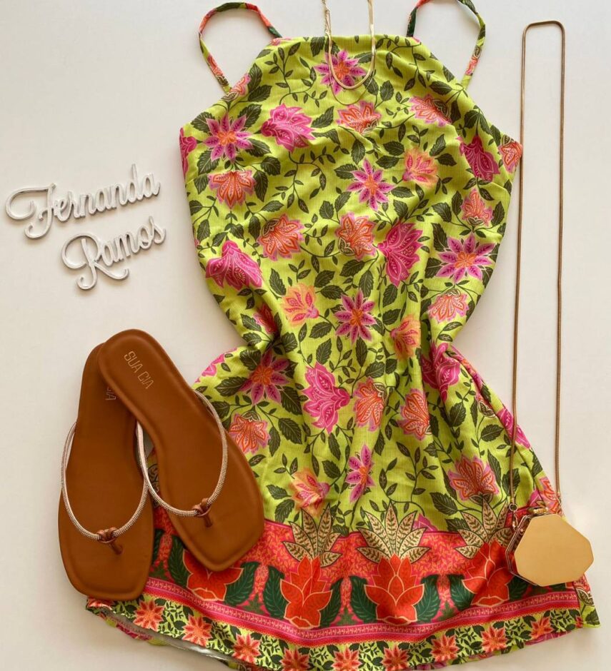 Vestido Curto sem Bojo Detalhe Atrás com Estampa Verde - Fernanda Ramos Store