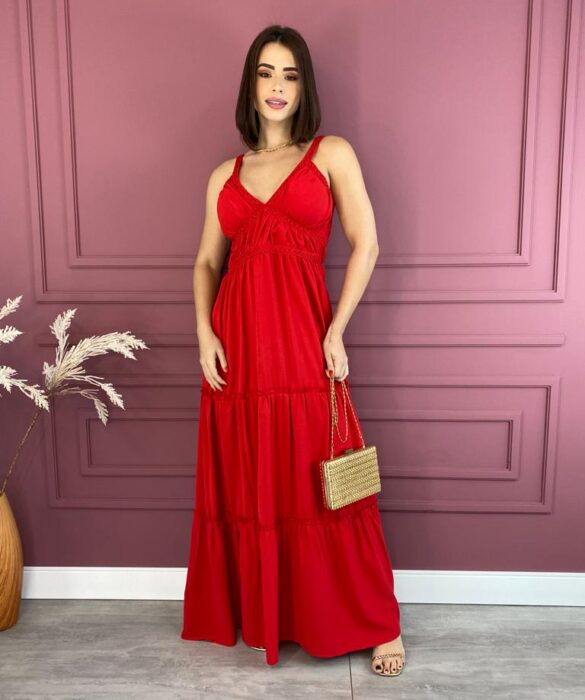 Vestido Longo com Bojo Vermelho Alças com Detalhe Fernanda Ramos Store